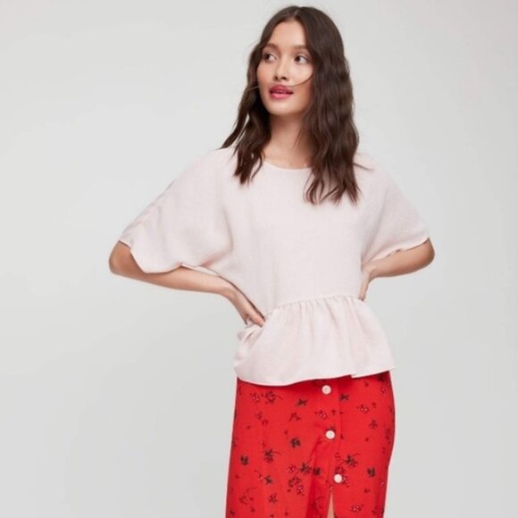 ARITZIA Wilfred Macee Blouse Top Cropped Peplum Short Sleeve Pale Pink XXS - Picture 3 of 16